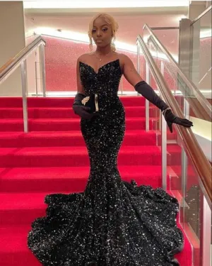 2024 Black Iridescent Sequins Long Prom Dress V Neck Mermaid Evening Formal Dress