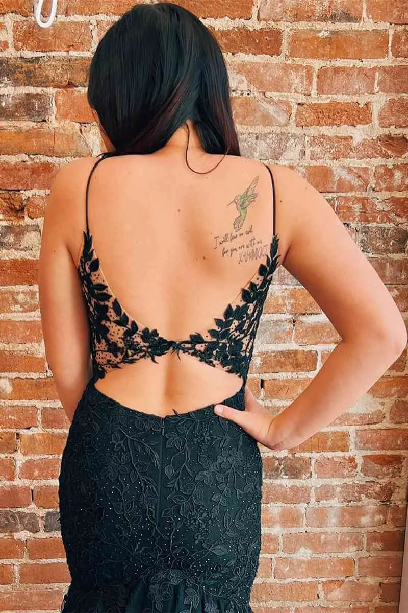 2024 Cheap Long Mermaid Black Prom Dresses Appliques Formal Dress with Cutout Back