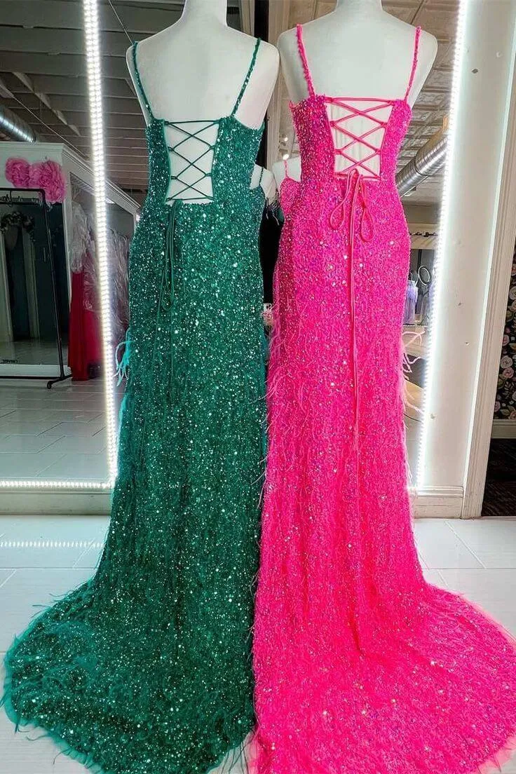 2024 Cheap Long Sequins Prom Dress Hot Pink Evening Dress with Feathers