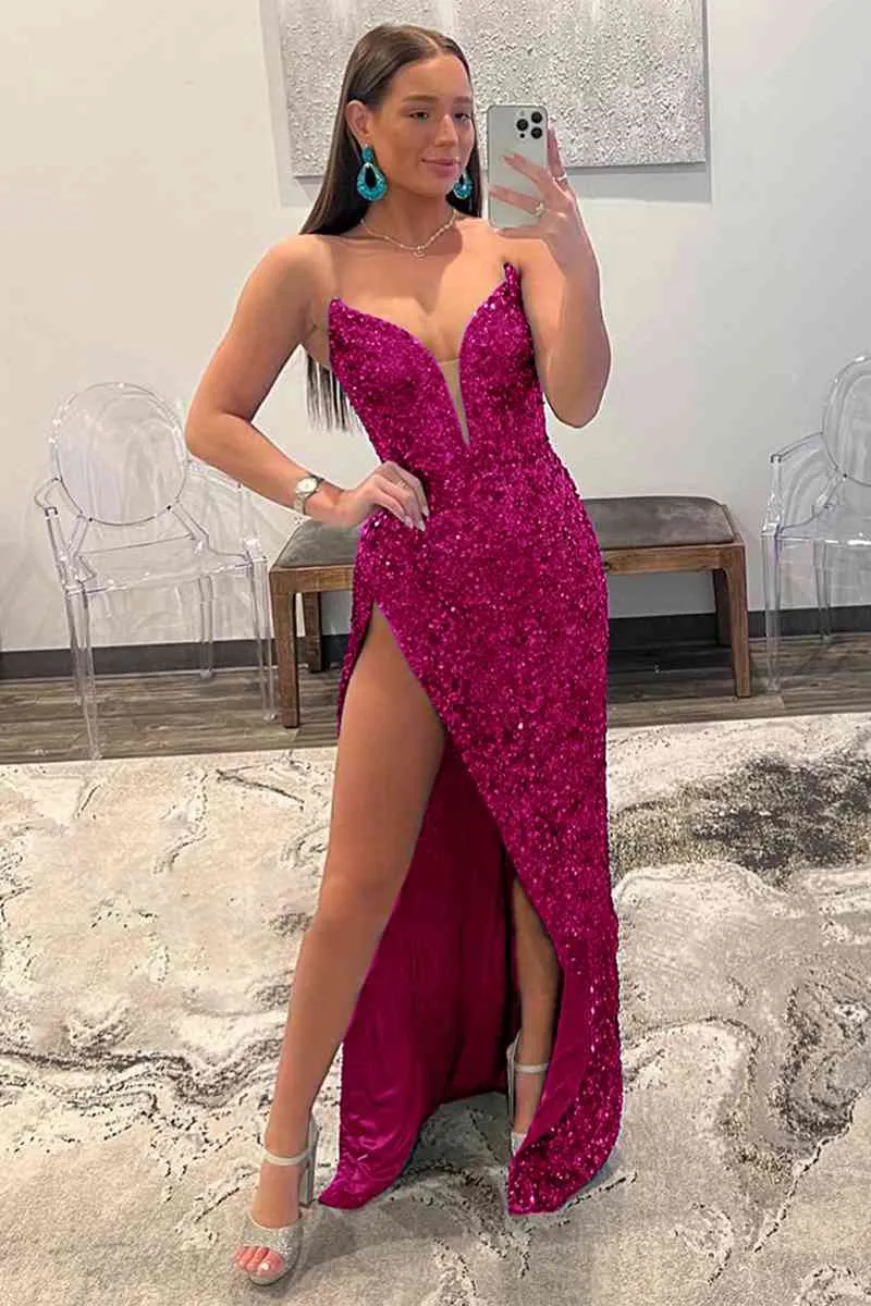 2025 Blue Cheap Sequins Long Mermaid Prom Dresses Strapless