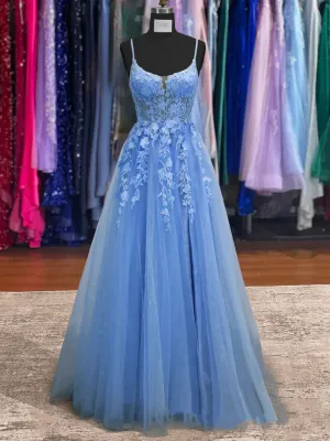 2025 Lace Blue Prom Dresses V Neck Long Formal Dresses Open Back