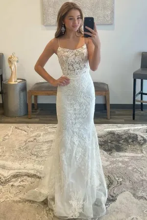 2025 White Lace Prom Dresses Square Neck Long Backless Mermaid Formal Dress UK