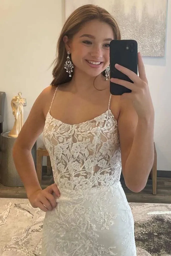 2025 White Lace Prom Dresses Square Neck Long Backless Mermaid Formal Dress UK