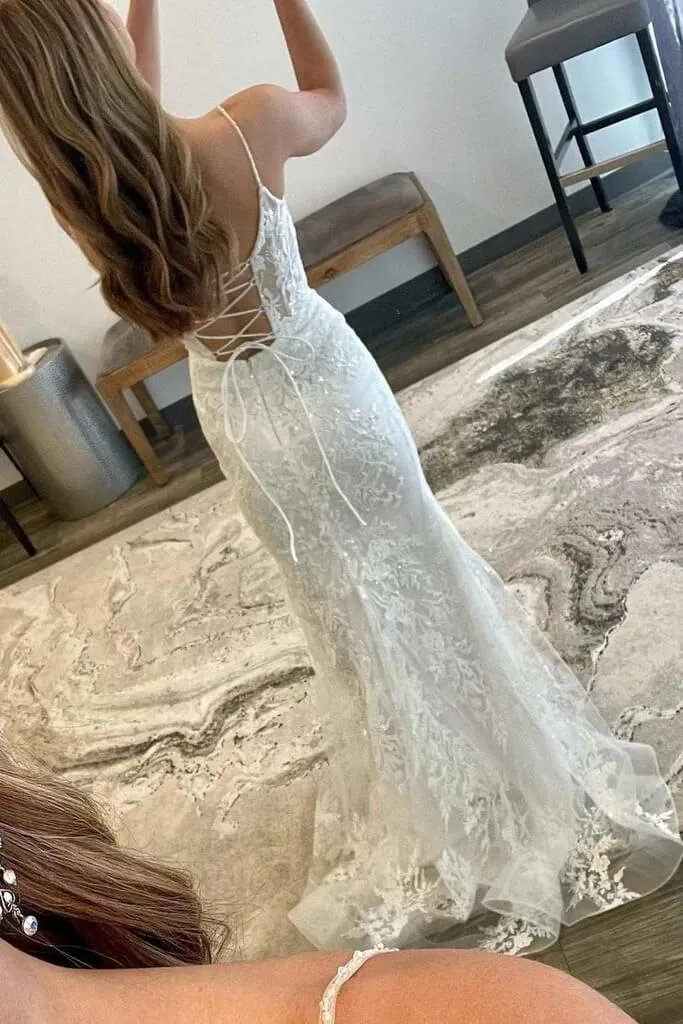 2025 White Lace Prom Dresses Square Neck Long Backless Mermaid Formal Dress UK