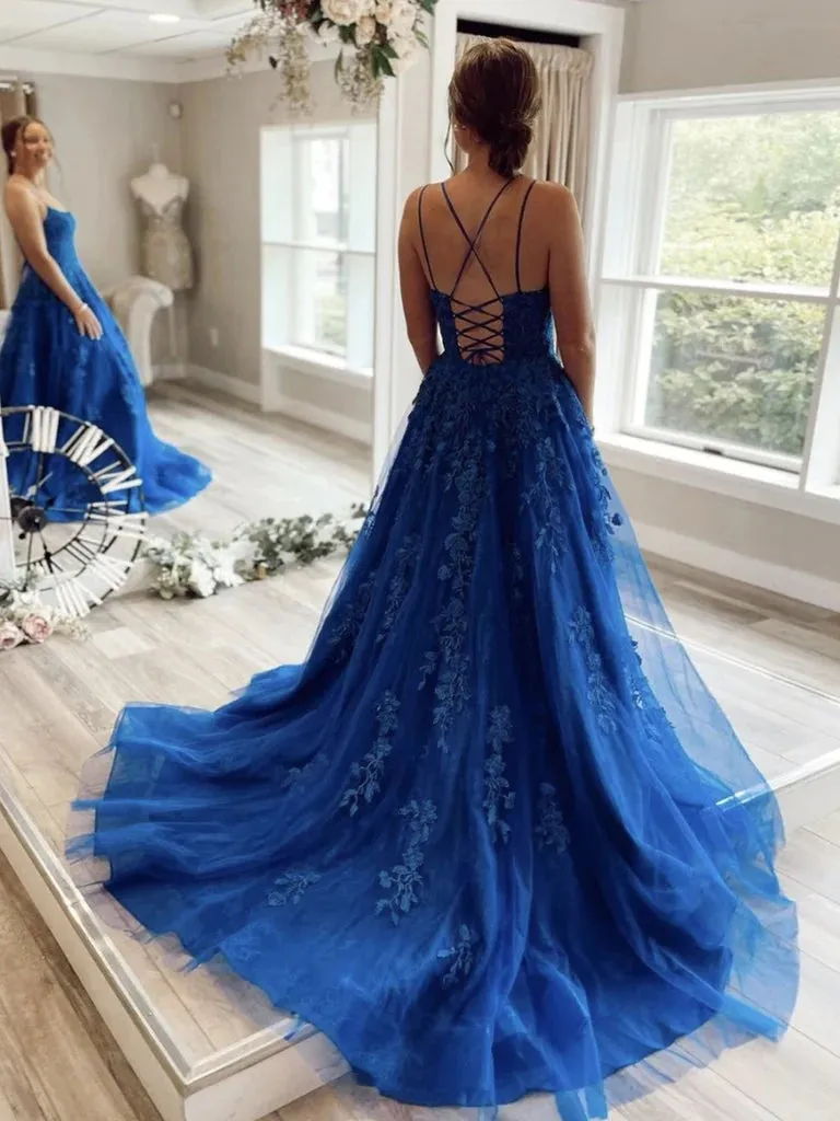 A Line Blue Lace 2025 Prom Dresses Cross Back Cheap Formal Evening Dresses