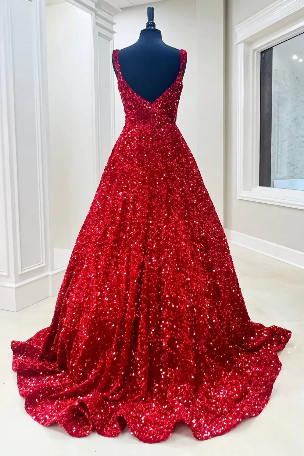 A-line Burgundy Velvet Sequins Prom Dress with Pockets Sweep Train