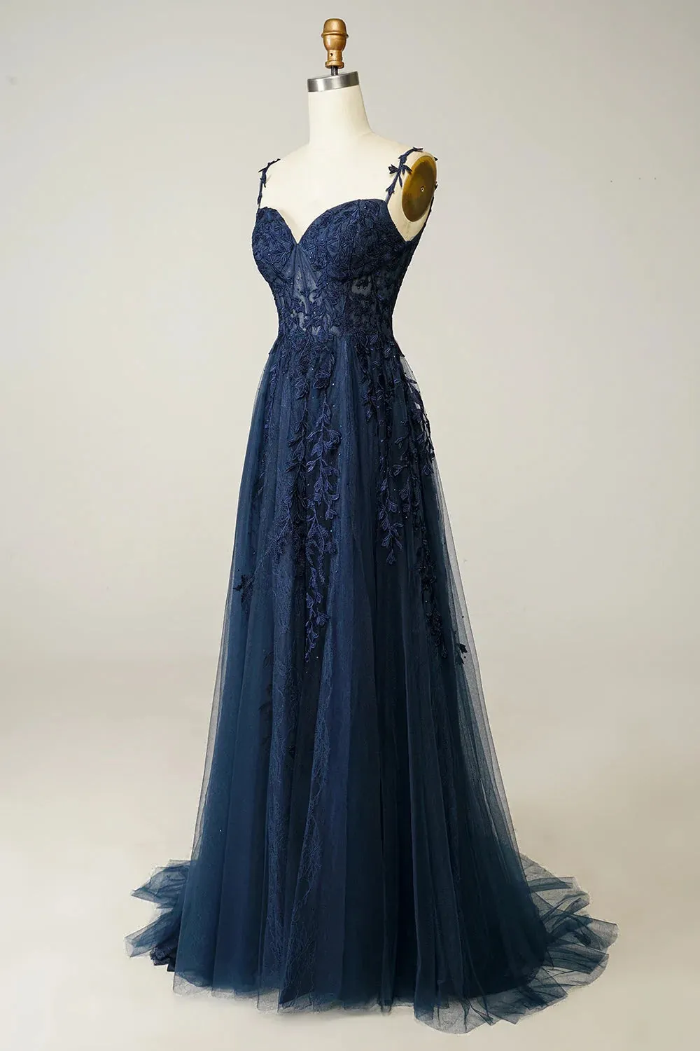 A Line Cheap Navy Blue Lace Prom Dresses Spaghetti Straps with Appliques