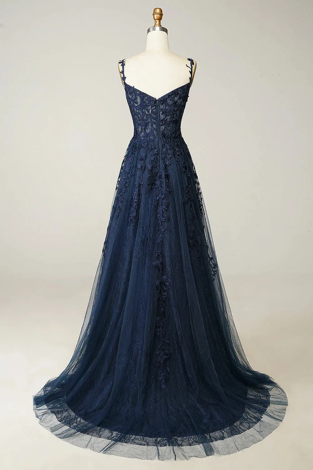 A Line Cheap Navy Blue Lace Prom Dresses Spaghetti Straps with Appliques
