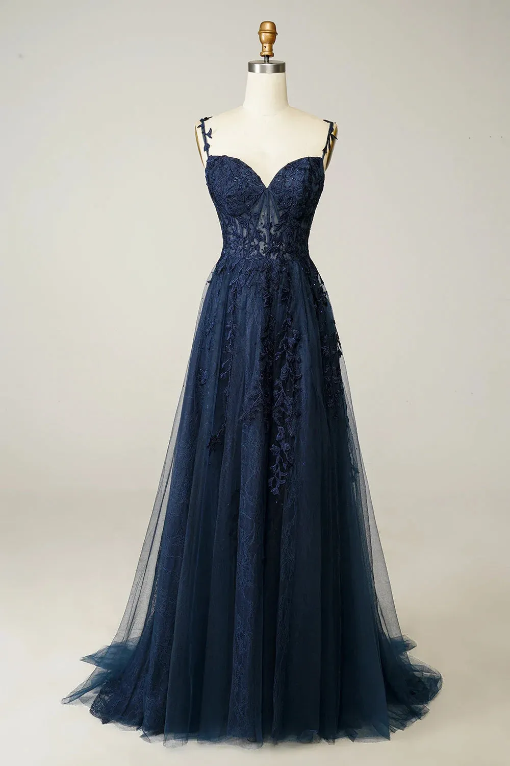 A Line Cheap Navy Blue Lace Prom Dresses Spaghetti Straps with Appliques