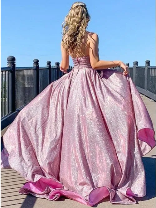 A Line Glitter Metallic Prom Dresses With Pockets Spaghetti Strap