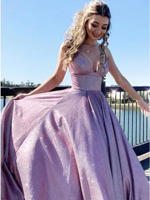A Line Glitter Metallic Prom Dresses With Pockets Spaghetti Strap