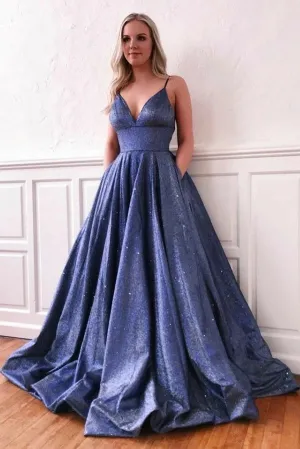 A Line Glitter Metallic Prom Dresses With Pockets Spaghetti Strap