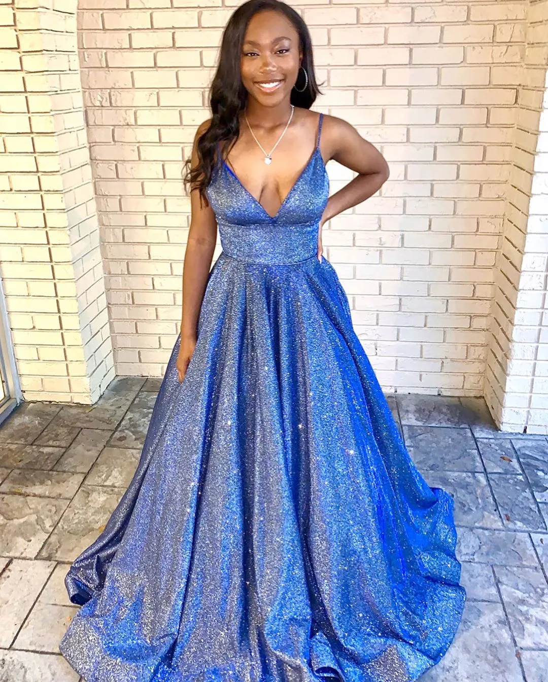 A Line Glitter Metallic Prom Dresses With Pockets Spaghetti Strap
