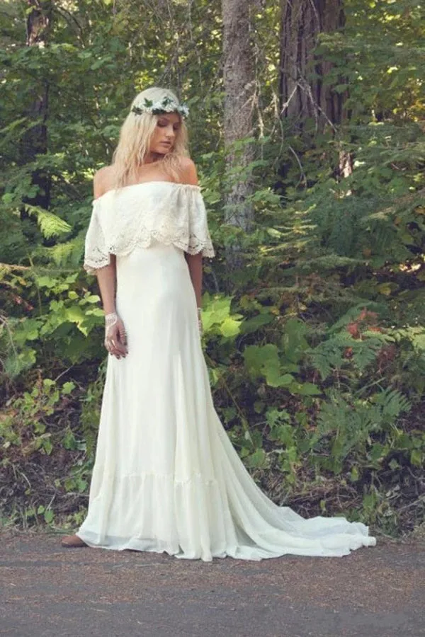 A-line Off the Shoulder Bohemian Lace Chiffon Ivory Summer Beach Wedding Dresses,MW344