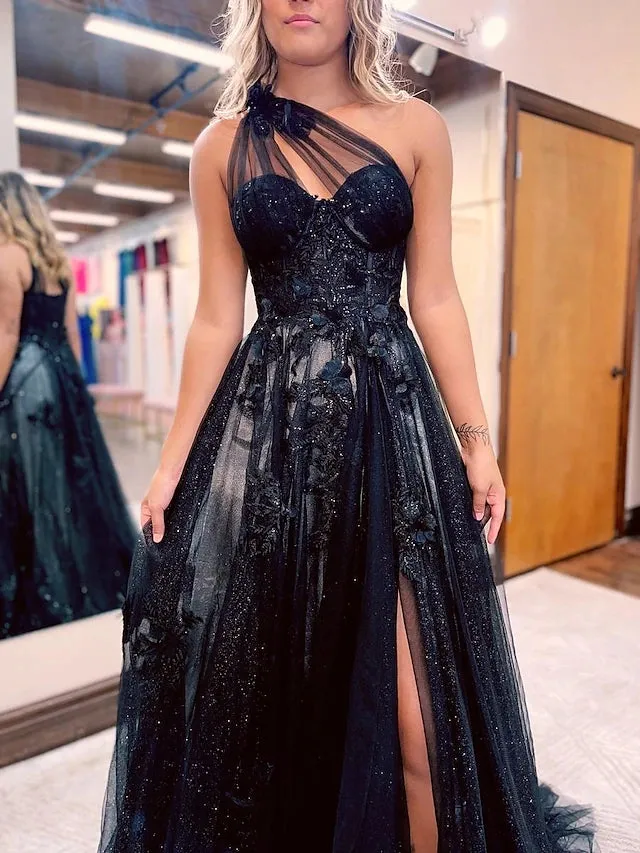 A-Line One Shoulder 2025 Prom Dresses Black Tulle Lace Formal Dress