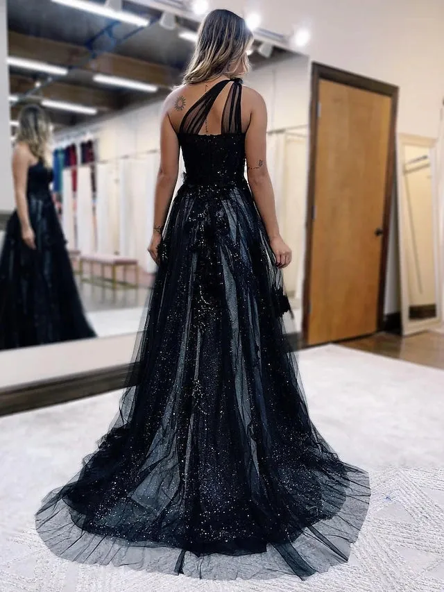 A-Line One Shoulder 2025 Prom Dresses Black Tulle Lace Formal Dress