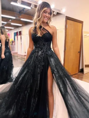 A-Line One Shoulder 2025 Prom Dresses Black Tulle Lace Formal Dress