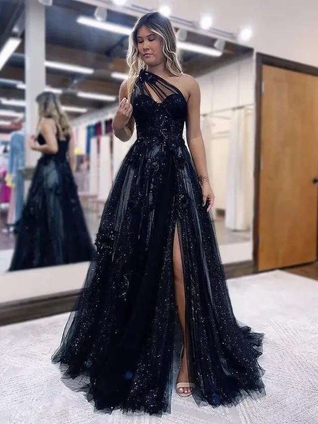 A-Line One Shoulder 2025 Prom Dresses Black Tulle Lace Formal Dress