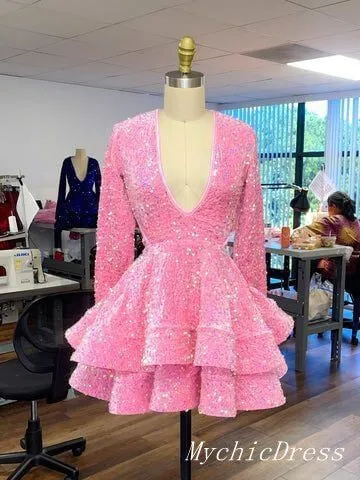 A Line Pink Cocktail Dresses 2025 Long Sleeve Sequin Homecoming Dresses V Neck