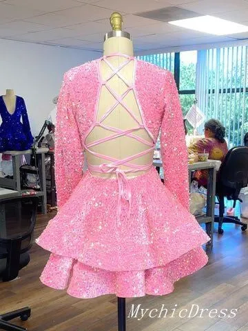 A Line Pink Cocktail Dresses 2025 Long Sleeve Sequin Homecoming Dresses V Neck