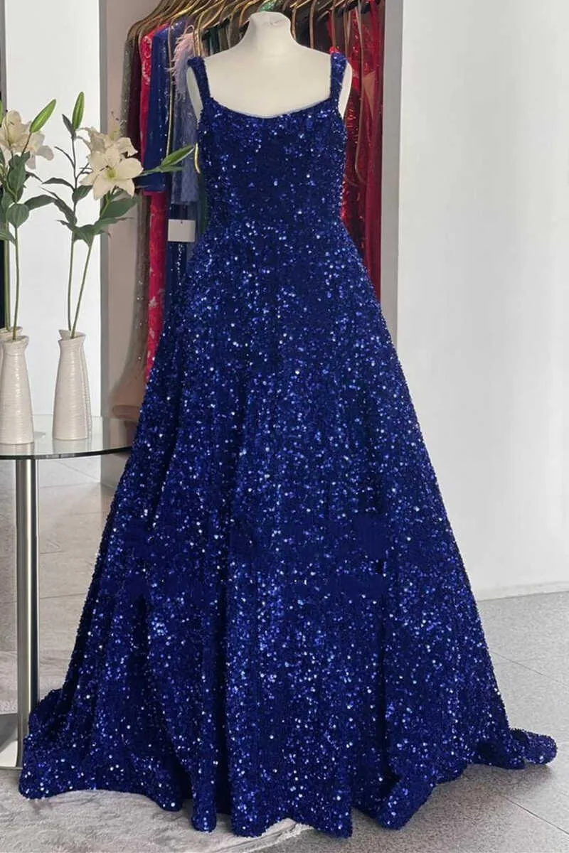 A-Line Red Sequin Quince Dresses Square Neck Backless Long Prom Dresses