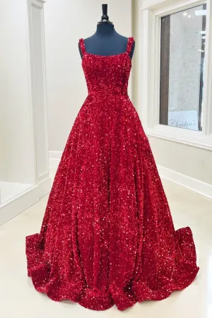 A-Line Red Sequin Quince Dresses Square Neck Backless Long Prom Dresses