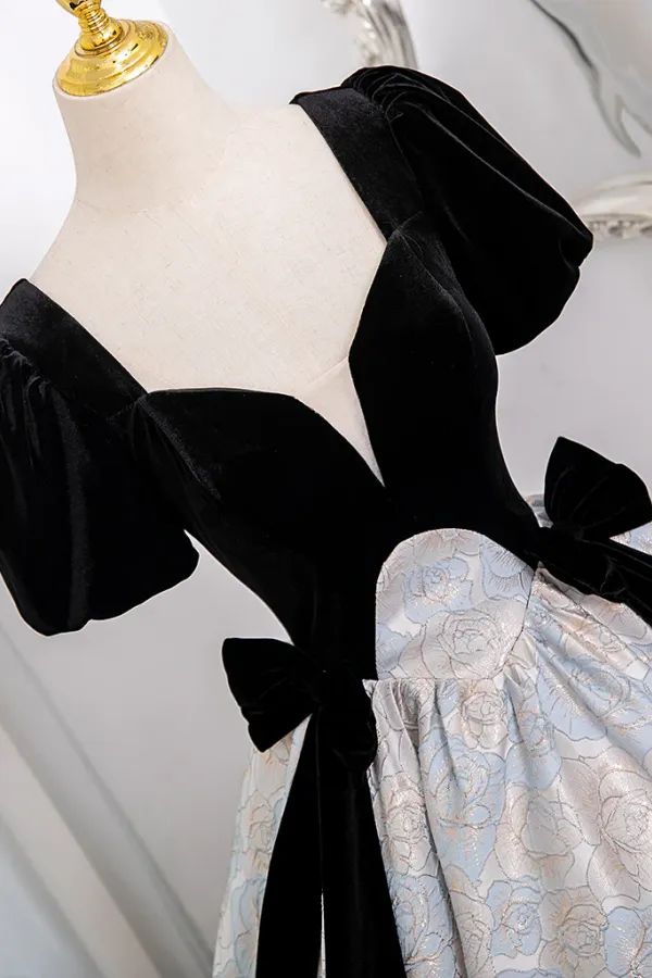 A Line Short Sleeves Satin Velvet Black Long Prom Dress, Black Long Formal Dress APP1085