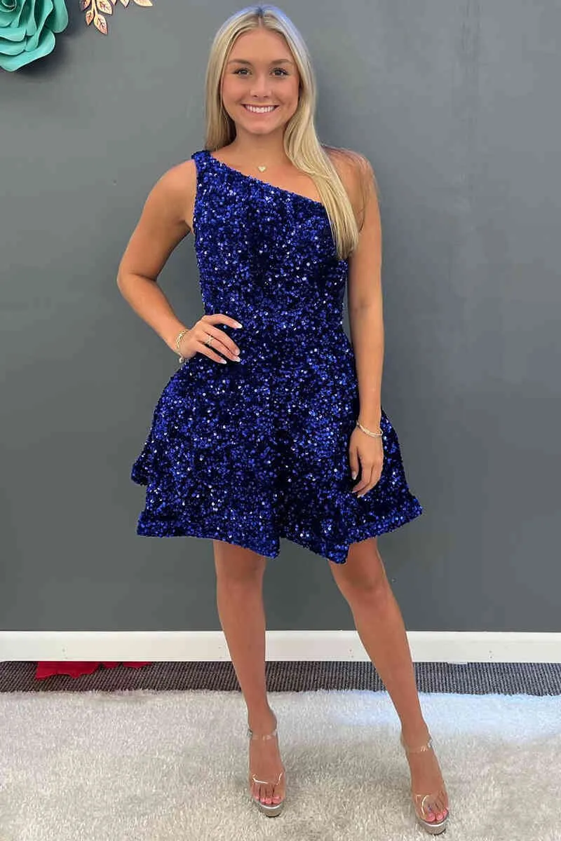 A Line Short White Sequined Homecoming Dress One Shoulder Prom Dress