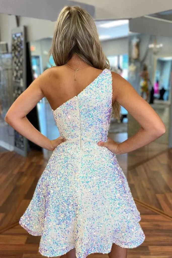 A Line Short White Sequined Homecoming Dress One Shoulder Prom Dress