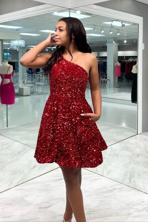 A Line Short White Sequined Homecoming Dress One Shoulder Prom Dress