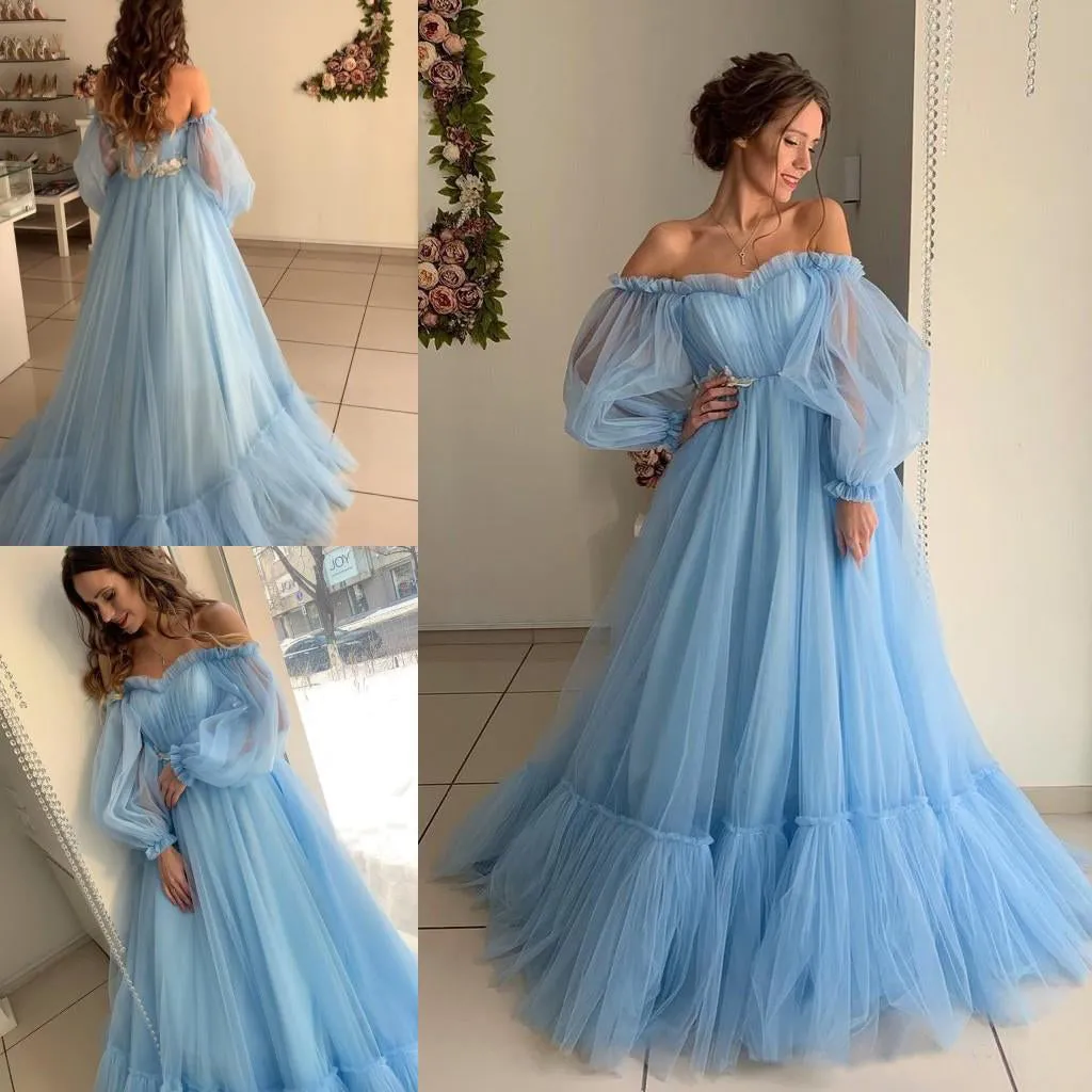 A-line Sky Blue Bohemian Tulle Beach Summer Wedding Dresses