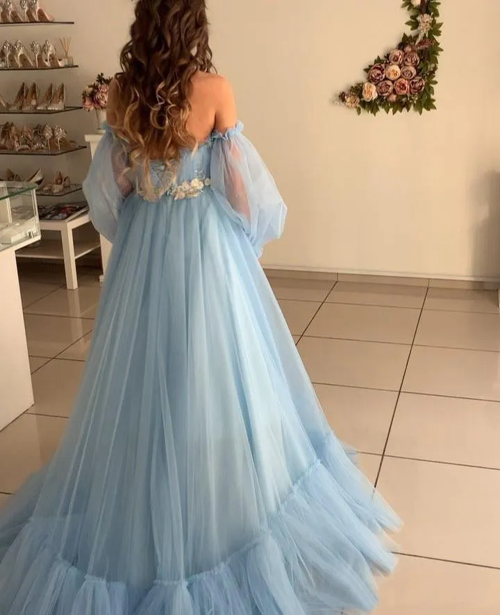 A-line Sky Blue Bohemian Tulle Beach Summer Wedding Dresses