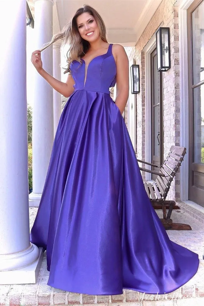 A Line Sleeveless Satin Prom Dresses Strap Long Eveing Dresses with Back Bow