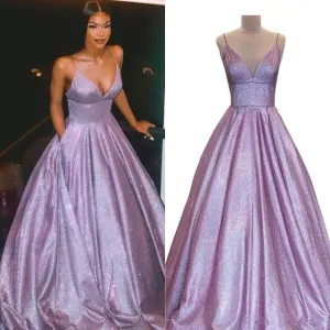 A Line Spaghetti Strap Pink Glitter Metallic Prom Dresses With Pockets