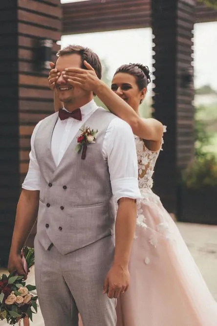 A-Line V-Neck Backless Sweep Train Pink Wedding Dress with Appliques OHD255