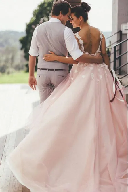 A-Line V-Neck Backless Sweep Train Pink Wedding Dress with Appliques OHD255
