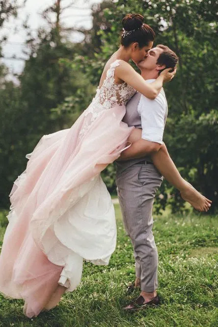 A-Line V-Neck Backless Sweep Train Pink Wedding Dress with Appliques OHD255