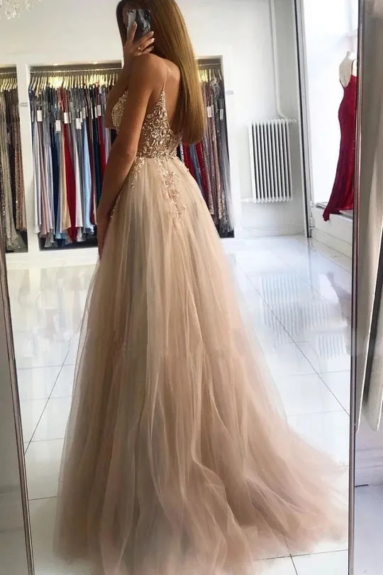 A Line V Neck Champagne Prom Dresses Beading Spaghetti Straps
