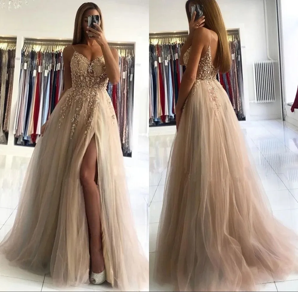 A Line V Neck Champagne Prom Dresses Beading Spaghetti Straps