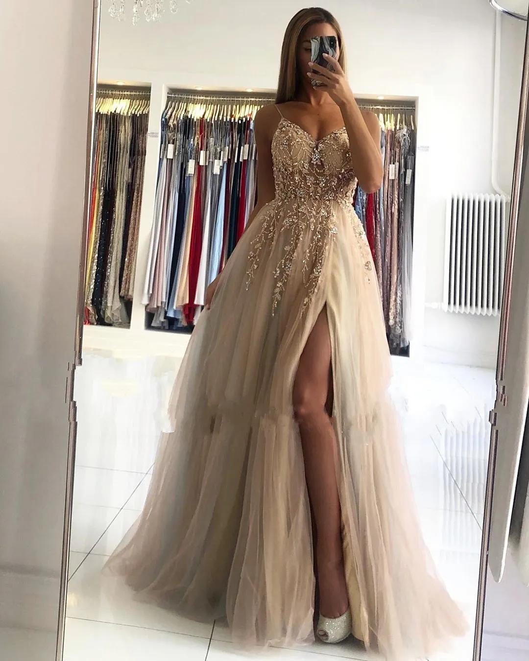A Line V Neck Champagne Prom Dresses Beading Spaghetti Straps