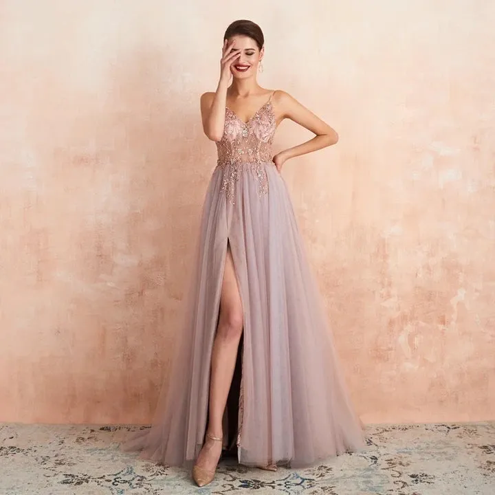 A Line V Neck Champagne Prom Dresses Beading Spaghetti Straps
