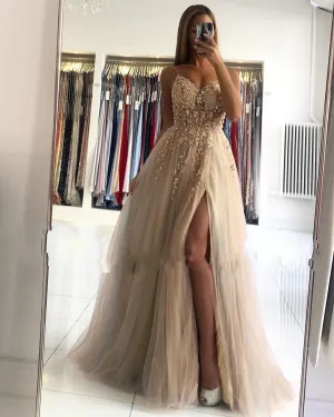 A Line V Neck Champagne Prom Dresses Beading Spaghetti Straps