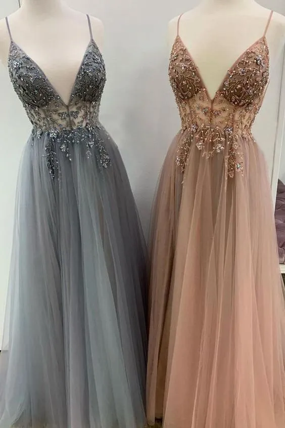A Line V Neck Champagne Prom Dresses Beading Spaghetti Straps