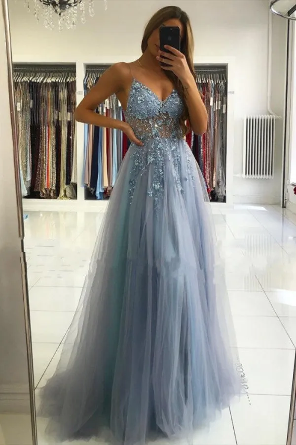 A Line V Neck Champagne Prom Dresses Beading Spaghetti Straps