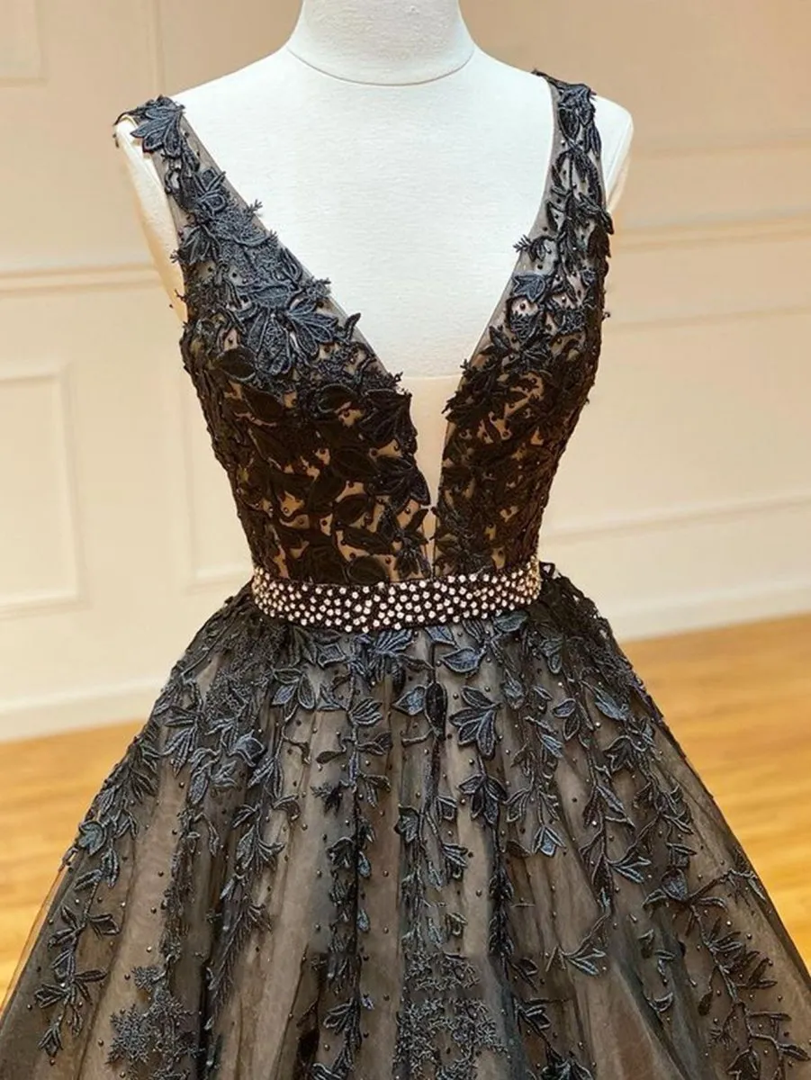 A-line V Neck Lace Long Prom Dresses