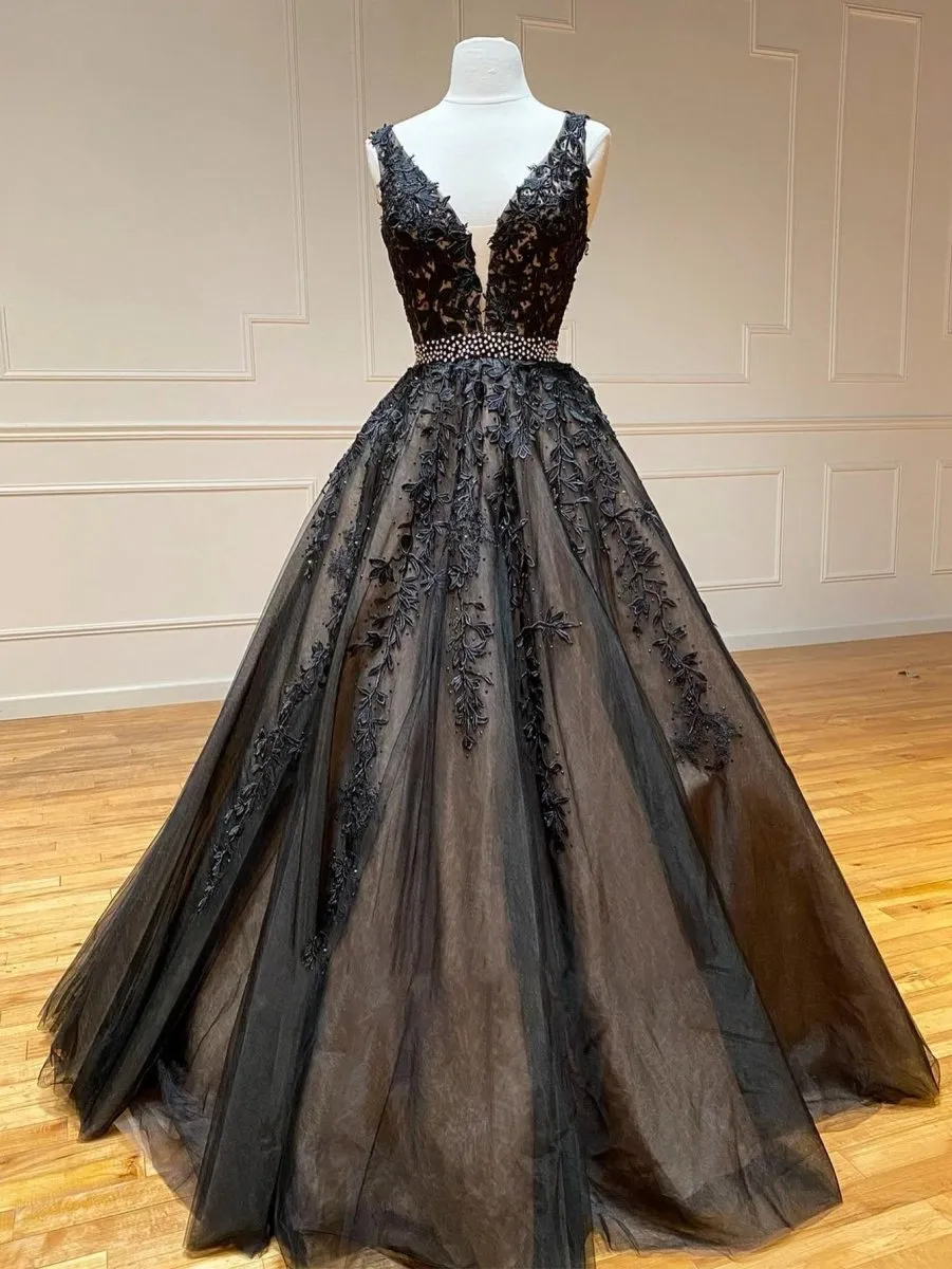 A-line V Neck Lace Long Prom Dresses