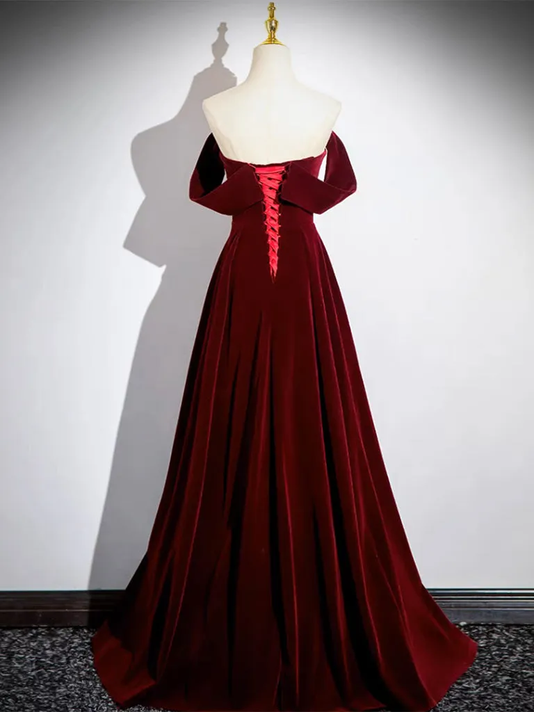A-Line Velvet Burgundy Long Prom Dresses, Burgundy Long Formal Dresses