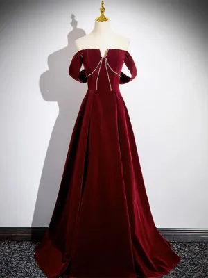 A-Line Velvet Burgundy Long Prom Dresses, Burgundy Long Formal Dresses