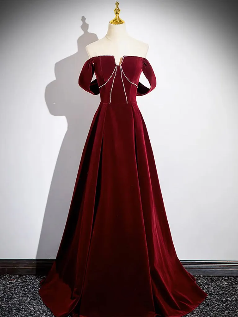A-Line Velvet Burgundy Long Prom Dresses, Burgundy Long Formal Dresses