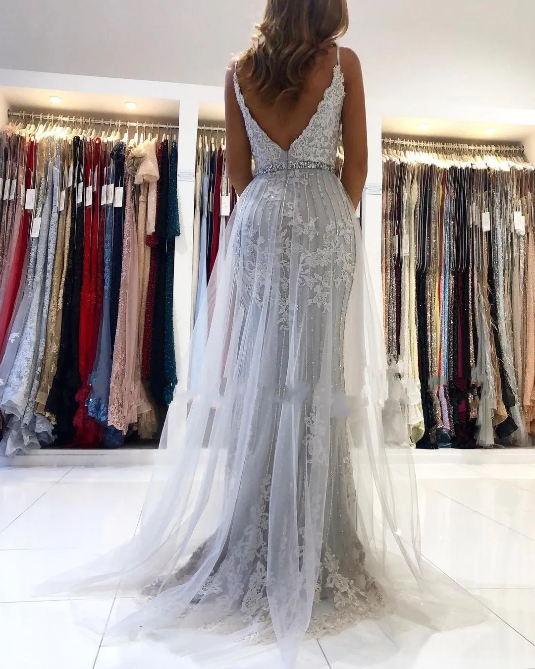 Affordable Sweetheart Tulle Lace Silver Prom Dresses